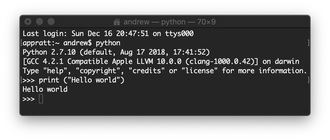 Terminal window running Python